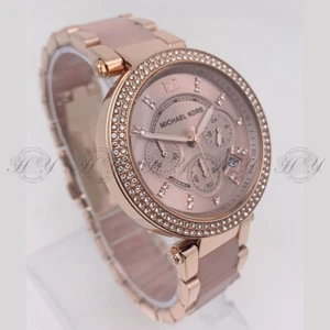 New Michael Kors MK5896 Parker Rose Gold-Tone Blush Acetate Band Women's Watch - Picture 1 of 6