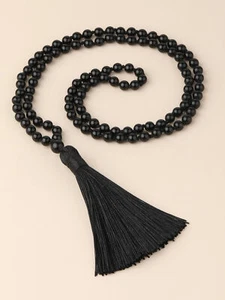 8mm 108 Obsidian Necklace Beads Buddhist Prayer Tassels Mala - Picture 1 of 3