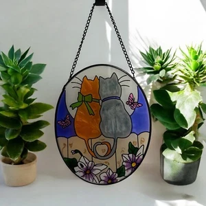 Vintage Love Cats Cuddling Cats Sun Catcher 8" X 10" Cat Lover Gift Kitty - Picture 1 of 4