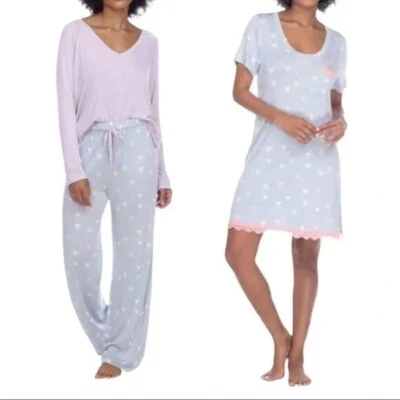 NUEVO Honeydew 3 Piezas Jersey Tejido Pijama M Nuevo con Etiquetas Púrpura Corazones Top Pantalones Camisón Foto 1 de 4