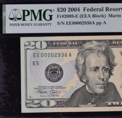 2004 $20 Federal Reserve Note PMG 55EPQ wanted popular low serial number 0002936 - Image 1 of 3