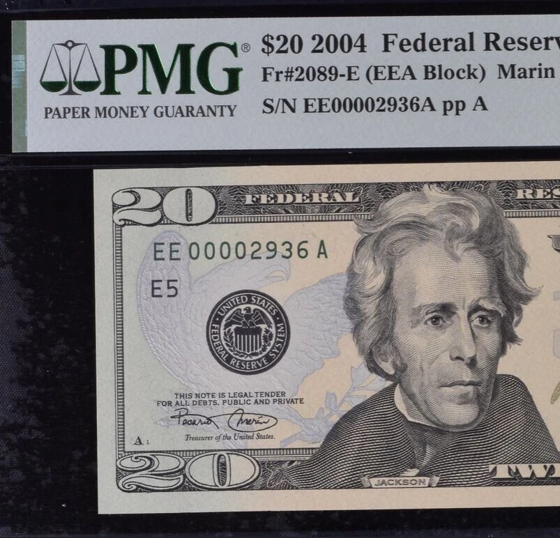 2004 $20 Federal Reserve Note PMG 55EPQ wanted popular low serial number 0002936 - Image 1 of 3
