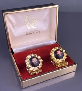 Brown Star Cabochon Sun Burst Wrap Around Cufflinks Gold Tone Round NOS Vintage - Picture 1 of 8