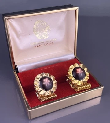 Gemelos envolventes marrón estrella cabujón explosión de sol tono dorado redondos nuevos de colección Foto 1 de 4