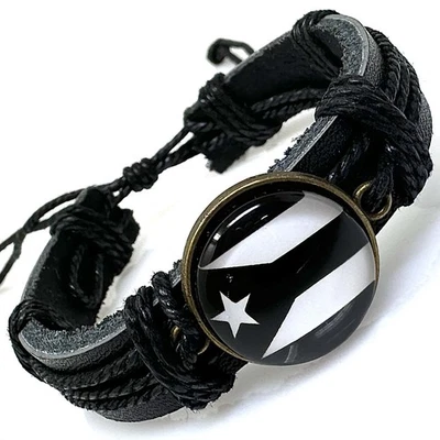 Puerto Rico Flag Bracelet Black Leather Adjustable Unisex PR Gift Jewelry - Image 1 of 4