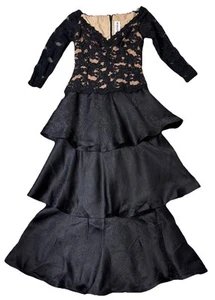 Richilene VTG Black Lace Bodice Satin Ruffles MAXI Dress Evening Gown “12” READ - Picture 1 of 19