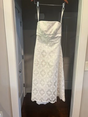 David's Bridal Sz 6 Galina Tea Dress Ivory Lace Wedding Formal Satin Bow T8627 - Image 1 of 4