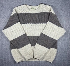 Vintage Eddie Bauer Sweater Crewneck Striped Cream Brown Wool Made In USA Mens L - Picture 1 of 3