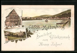 Lithographie Miltenberg, Ortsansicht vom Main aus, Hotel zum Riesen, Altes Schl  - Picture 1 of 2