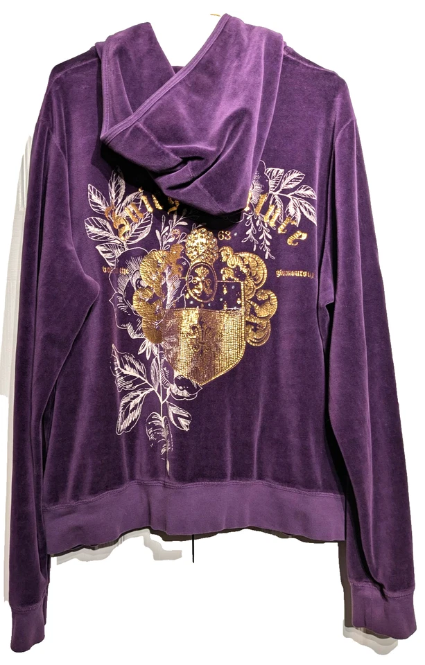 Chaqueta con Capucha Juicy Couture De Colección para Mujer 2X Púrpura Terciopelo Cremallera Cresta Dorada Gráfico Foto 1 de 4