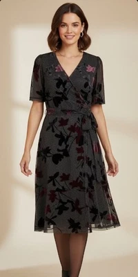 Платье женское Lauren Ralph бархатное с цветочным узором с искусственным запахом 8 черное бордовое капризное - Изображение 1 из 4