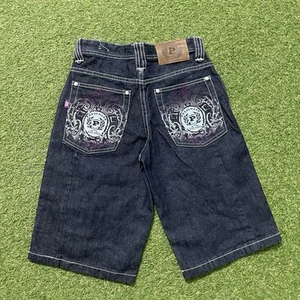 Vintage Y2K Phat Farm Embroidered Jeans Kids 10 25x12 Black Ramie Cotton Jorts - Picture 1 of 12