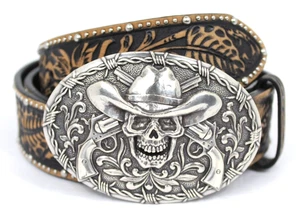 Cinturón Tony Lama GHOST OF TOMBSTONE tono plata hebilla de cinturón/cuero marrón talla 40 - Imagen 1 de 7