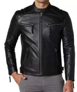Black Genuine Leather Jacket For Men 100% Real Lambskin Leather Moto Biker Coat - Picture 1 of 3