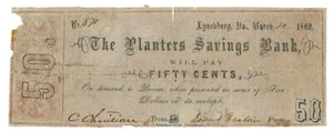 1862 Planters Savings Bank, Lynchburg, Virginia 50c Obsolete Note No.871 (60112) - Picture 1 of 2