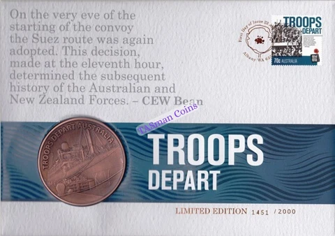PNC Australia 2014 Troops Depart WW1 Centenary Medallion Limited Edition 2000 Cover