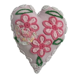 NEW Ex Large Handmade Chenille Heart Bird Pillow Plush Flowers Valentine - Picture 1 of 11