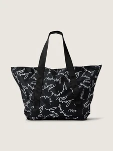 VICTORIA'S SECRET Pink Logo Weekender Tote PURE BLACK SCRIPT LOGO Zip bag NWT - Picture 1 of 3
