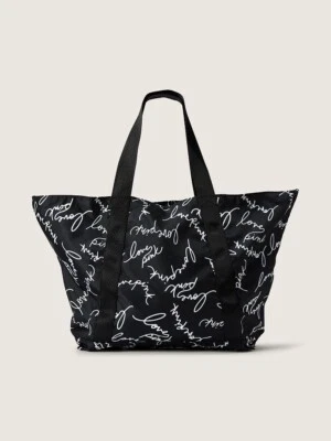 VICTORIA'S SECRET Pink Logo Weekender Tote PURE BLACK SCRIPT LOGO Zip bag NWT - Image 1 of 3