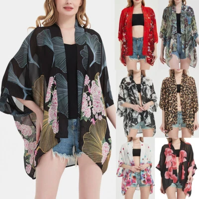 LADIES WATERFALL KIMONO KAFTAN CHIFFON HOLIDAY CARDIGAN FLORAL SHAWL SUMMER TOPS - Image 1 of 4