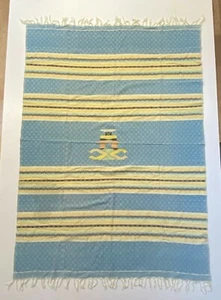 Vintage Scandinavian Cotton Throw Blanket - Blue w/ Yellow Stripes & Tribal Moti - Picture 1 of 6