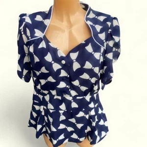 Blusa Lindy Bop Angel Bow Print Retro Sweetheart Retro Años 40 Azul Blanco Talla 16 - Imagen 1 de 2