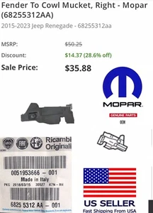 2015-2023 Jeep RENEGADE RH Side Fender Cowl Mucket Insulator Pad OEM 28+%OFF NEW - Bild 1 von 16