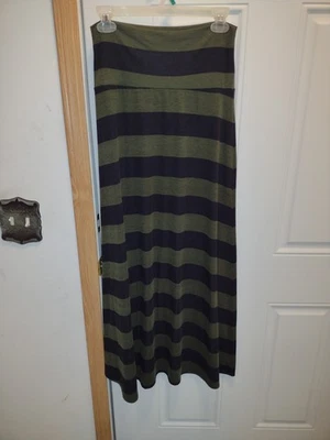 MOSSIMO LONG KNIT SKIRT, S/P, PULLON, BLACK & OLIVE STRIPE - Image 1 of 3