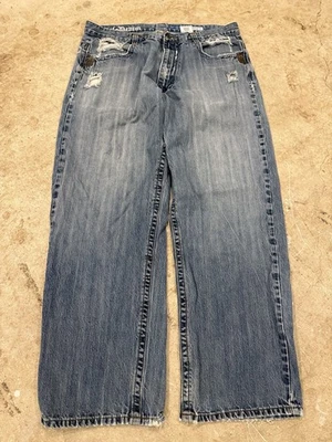 Pantalones de mezclilla vintage Azzure para hombre 38x32 Y2K hip hop holgados azules a rayas lavado desvanecido Foto 1 de 4