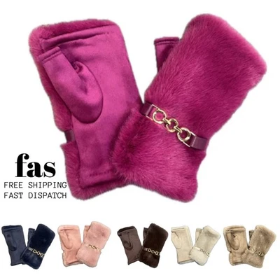 Women's Winter Fingerless Faux Suede Fur Gloves Mittens Soft Fleece Lined Warm - Image 1 of 3