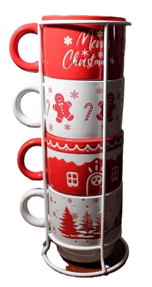 Signature houseware Holiday Stoneware Mugs 4 mugs with wire tower Merry Xmas mug
