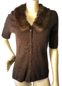 J. Mclaughlin Brown Sz M Merino removable faux fur collar Cardigan Bin-N - Picture 1 of 5