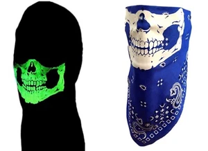 Blue Paisley Bandana Face Cover Glow N The Dark-White Fangs Skull adjustable Tie - Picture 1 of 3