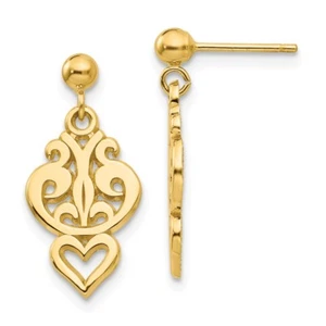 Real 14kt Yellow Gold Polished Filigree Fancy Heart Post Dangle Earrings - Picture 1 of 5