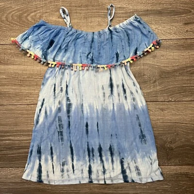 Flowers by Zoe Girls Dress sz 6 Soft Cotton Knit Blue Tie Dye Pompon Detail Girl - Image 1 of 4