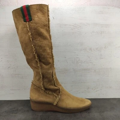 Women's Gucci GG Shearling Suede Wedge Monogram High Boots Size EU 37.5 - Image 1 of 4