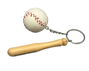 Mini Wooden Baseball Bat And Baseball Keychain Vintage Keyring 3" in Bat Length - Picture 1 of 4