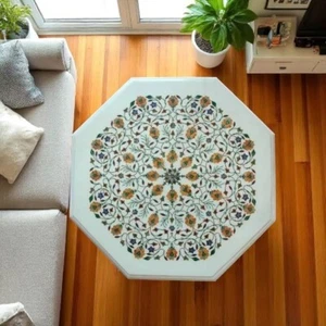 30" Octagon White Marble Coffee Table with Floral Semi-Precious Stone Inlay Art - Picture 1 of 9
