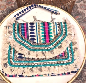 Boho Fransen Handtasche Schulter Crossbody Münztasche Hippie bunt Stoff Kette Druckknopf - Bild 1 von 14