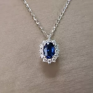 Collana ZAFFIRO blu naturale taglio ovale 0,59 CT e DIAMANTI Oro bianco 18k 750 - Foto 1 di 11