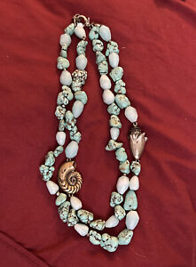 Lucky Brand Turquoise Glass Bead Nautilus Shell Necklace 2 Strands approx 18+20”