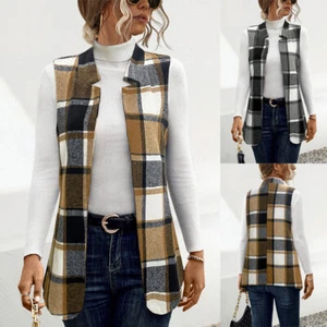 UK Women SLEEVELESS CHECKED Fleece OPEN WAISTCOAT Coat TOP JACKET Cardigans SIZE - Picture 1 of 14