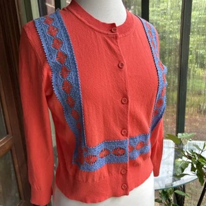 TORY BURCH Cropped Orange Cardigan Blue Embroidery Sz M - Picture 1 of 7