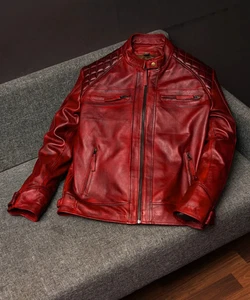 Men’s Red Leather Biker Jacket | Quilted Shoulders | Cafe Racer Style | Zip Pock - Picture 1 of 6