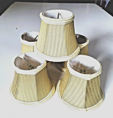 Chandelier Lamp Shades (5) Khaki Stripe Fabric Lined Braid Trim   4" - Image 1 of 4
