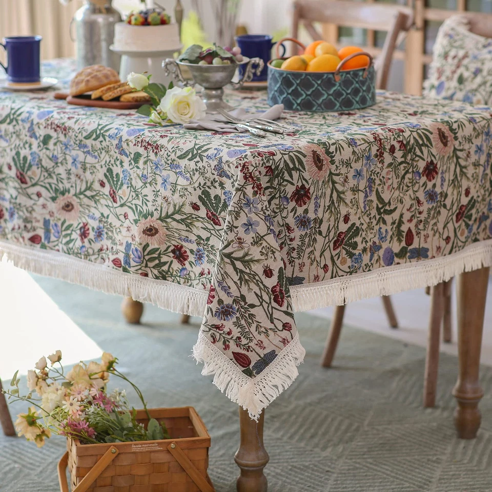 French Floral Tablecloth Hand-Made Cotton Fabric with Lace Vintage Berry Gard... - Image 1 of 4