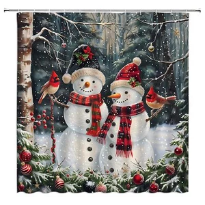 Christmas Snowman Shower Curtain Pine Trees Snowy Snowfield Red Birds Farmhou... - Picture 1 of 4