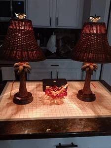 2 Vintage Papila Brown Palm Tree Table Lamps, with Wicker shades, Pre-owned - Picture 1 of 8