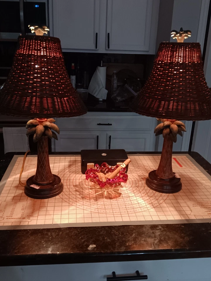 2 Vintage Papila Brown Palm Tree Table Lamps, with Wicker shades, Pre-owned  - Image 1 of 4