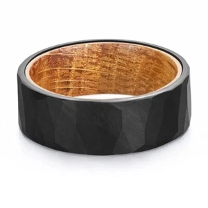 Men's Hammered Black Tungston Wedding Band Ring with Whiskey Barrel Inner Lining - Picture 1 of 6